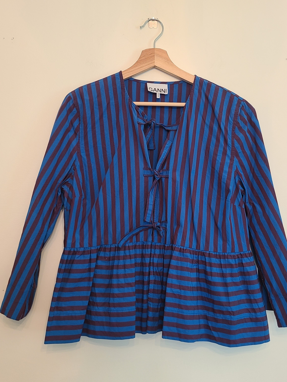 Ganni Striped Tie-Front Peplum Blouse
